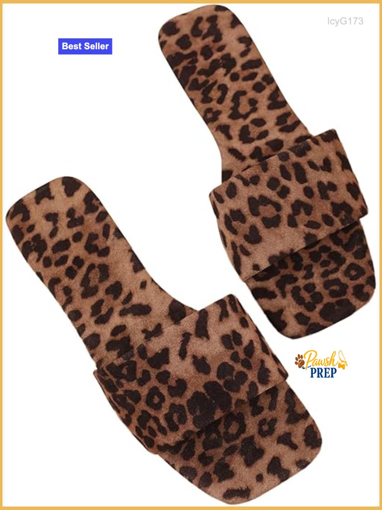 Cheetah Print Square Open Toe Slip On Flat Slide Sandals Women's
